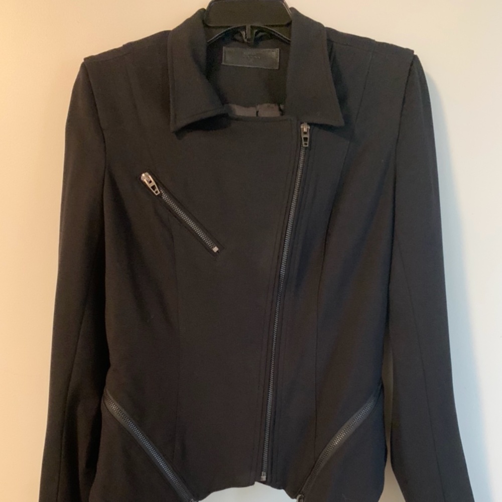 BLANK NYC Black Crepe Mesh Side Double Asymmetrical Zip Moto Jacket S